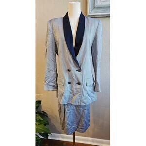 VTG Gilmor Women‎ Herringbone Double Breasted Jacket & Skirt Suit Size 10 Navy